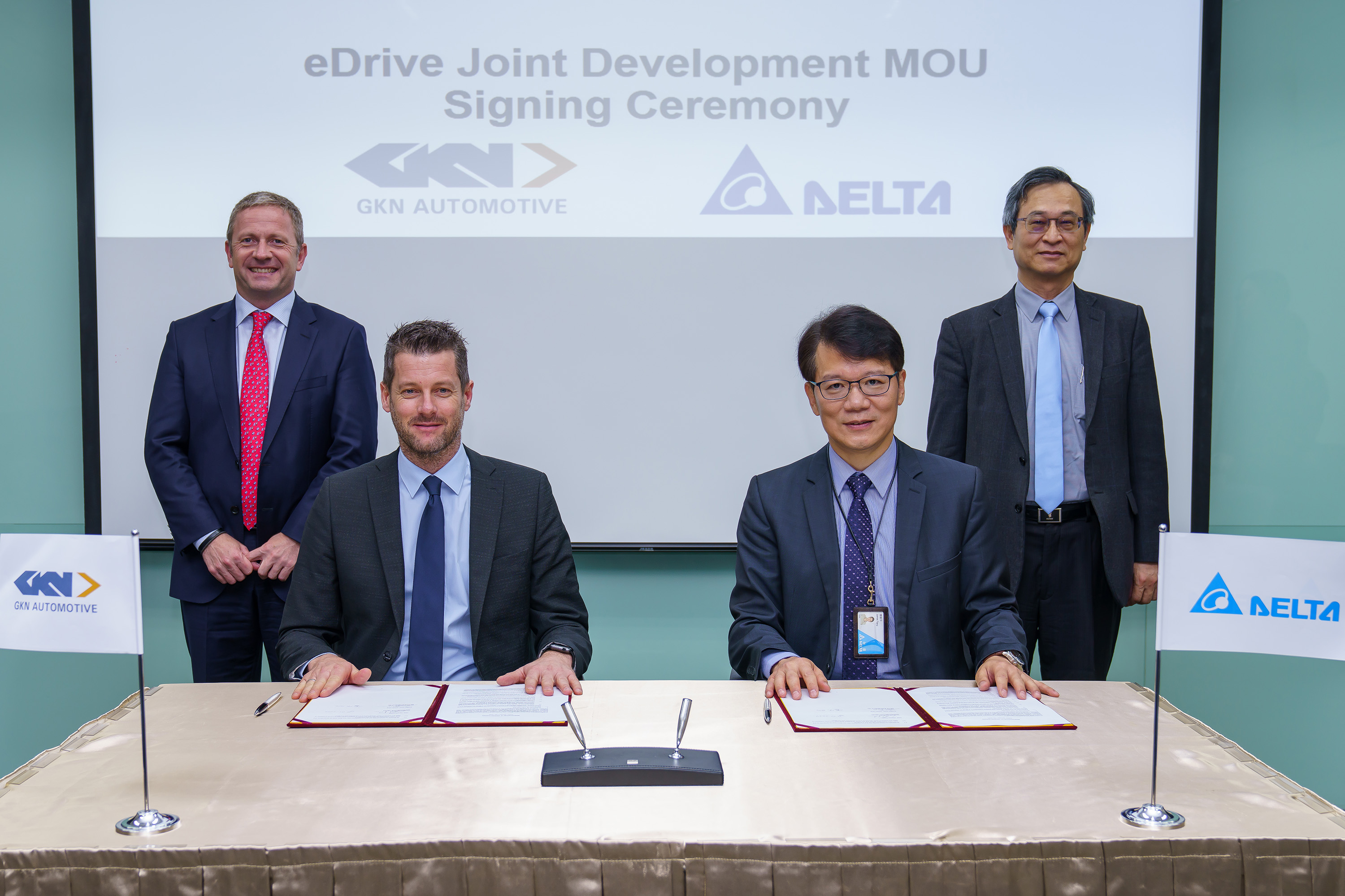 L-R: Liam Butterworth, CEO, GKN Automotive; Hannes Prenn, COO, ePowertrain, GKN Automotive; Simon Chang, COO, Delta Electronics; James Tang, VP and GM of Electric Vehicle Solutions Business Group of Delta Electronics