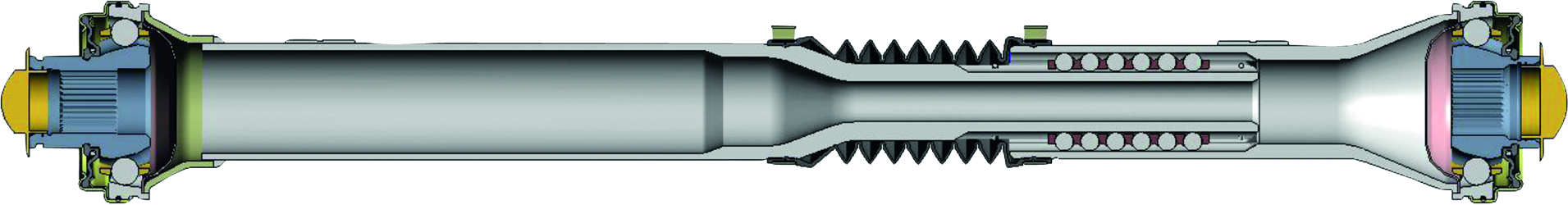 Safety in series: The Ballspline sliding unit from GKN Automotive – seen here in section in the right half of the shaft – enables the component to be shortened in the event of a crash (example from the VW Amarok)